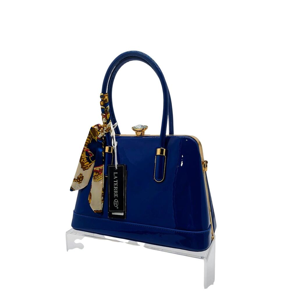 Vintage Navy Blue Patent Leather Shell Handbag w/ Twilly